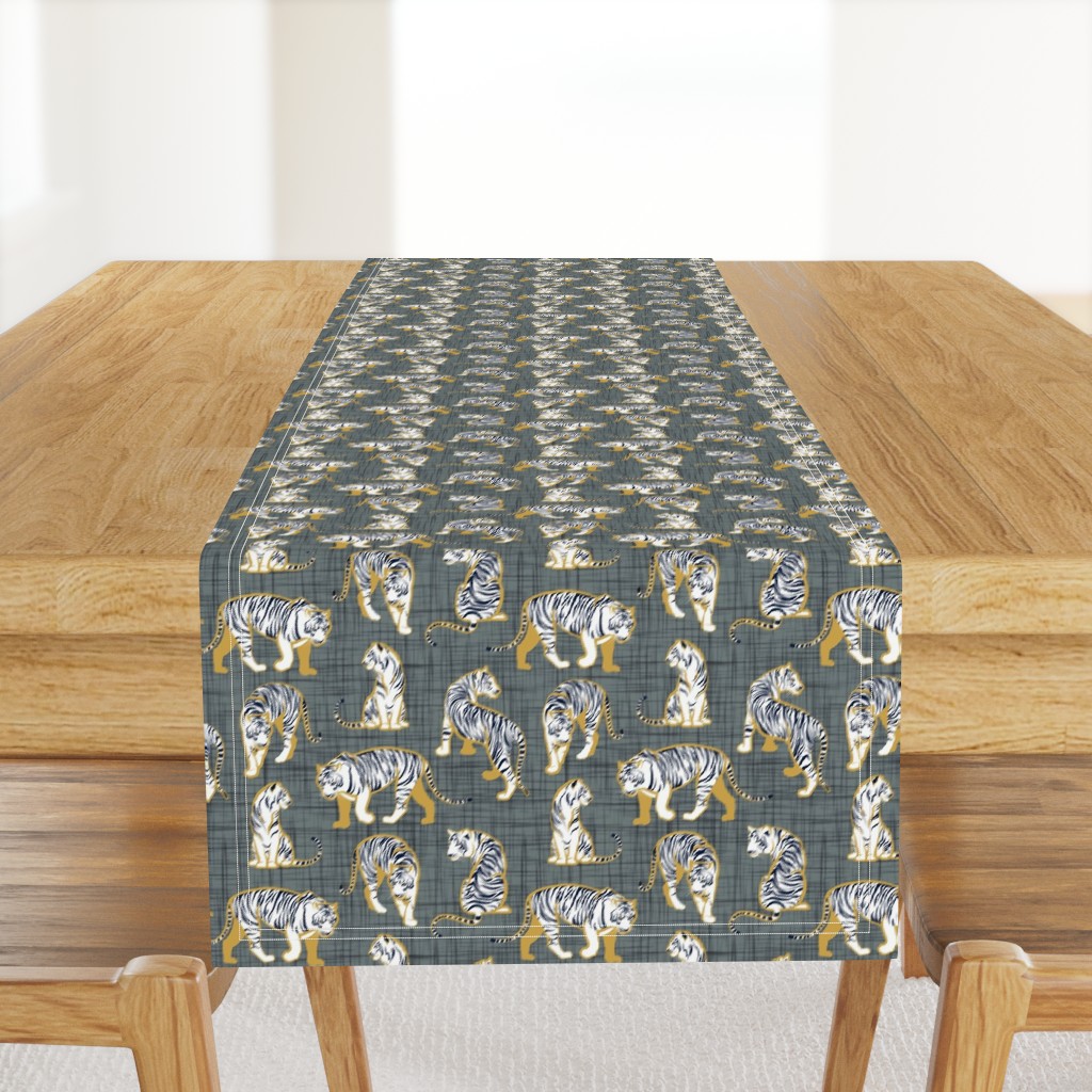 Small scale // Big tiger cats // grey green linen texture background yellow mustard lines white animals