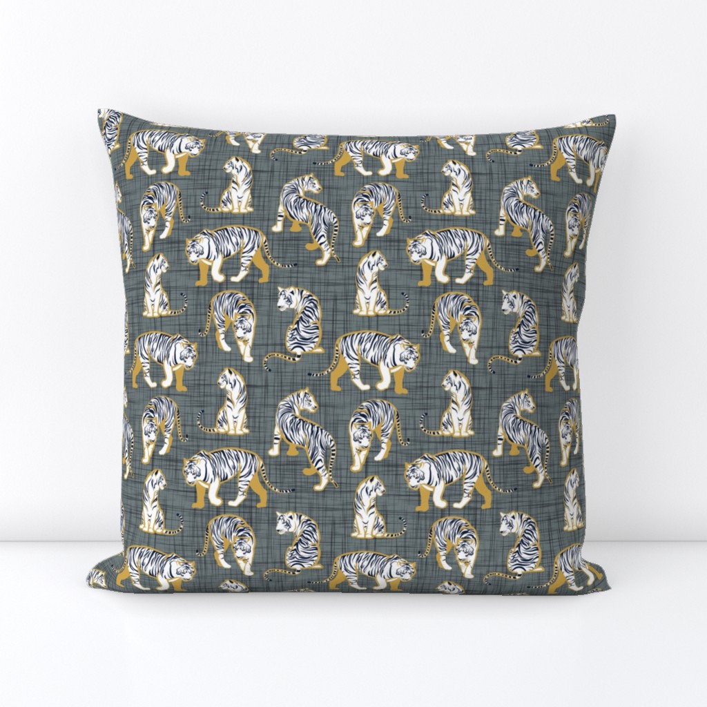 Small scale // Big tiger cats // grey green linen texture background yellow mustard lines white animals