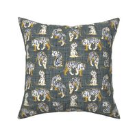 Small scale // Big tiger cats // grey green linen texture background yellow mustard lines white animals