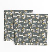 Small scale // Big tiger cats // grey green linen texture background yellow mustard lines white animals