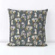 Small scale // Big tiger cats // grey green linen texture background yellow mustard lines white animals