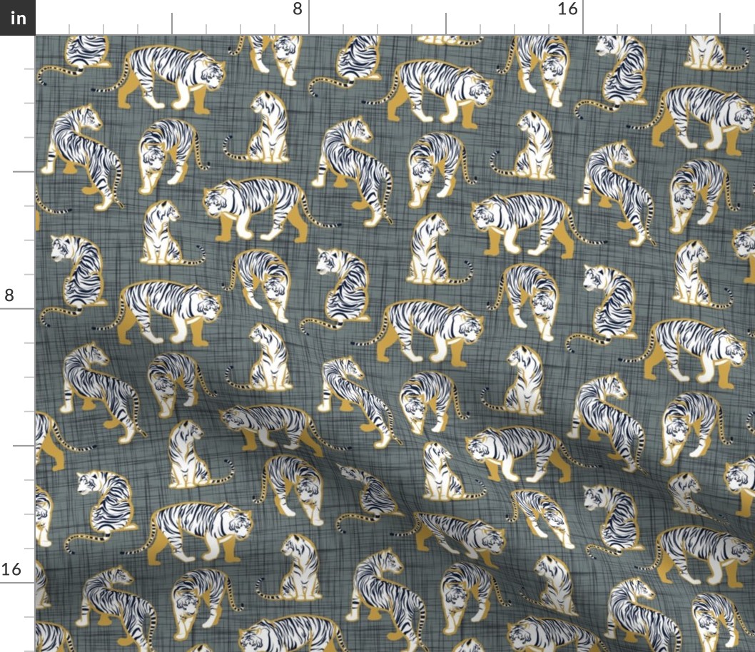 Small scale // Big tiger cats // grey green linen texture background yellow mustard lines white animals