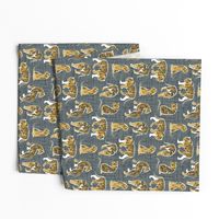 Small scale // Big tiger cats // grey green linen texture background white lines yellow mustard animals