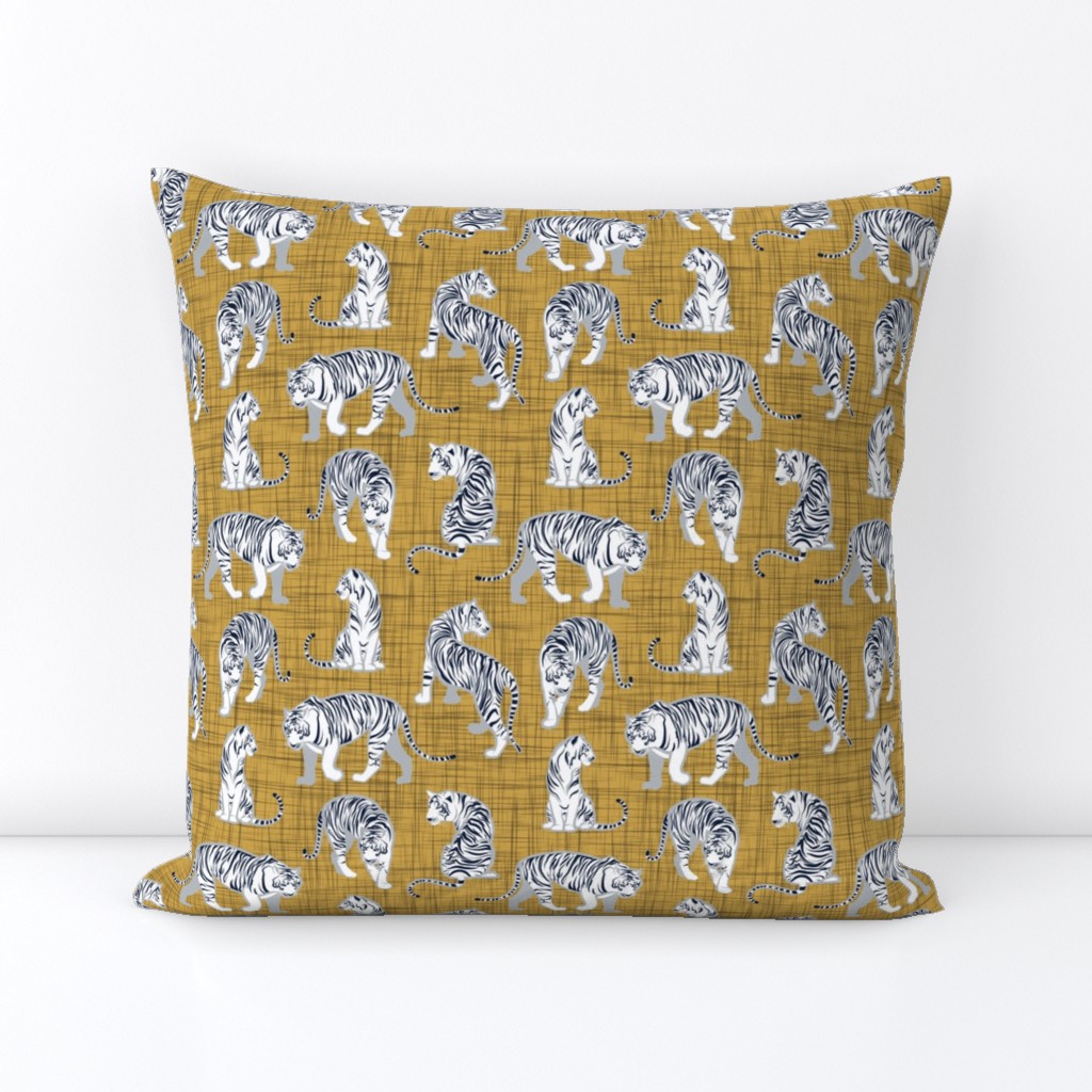 Small scale // Big tiger cats // yellow mustard linen texture background grey lines white animals