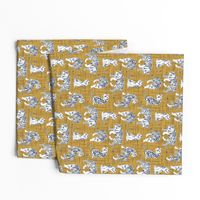 Small scale // Big tiger cats // yellow mustard linen texture background grey lines white animals