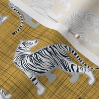Small scale // Big tiger cats // yellow mustard linen texture background grey lines white animals