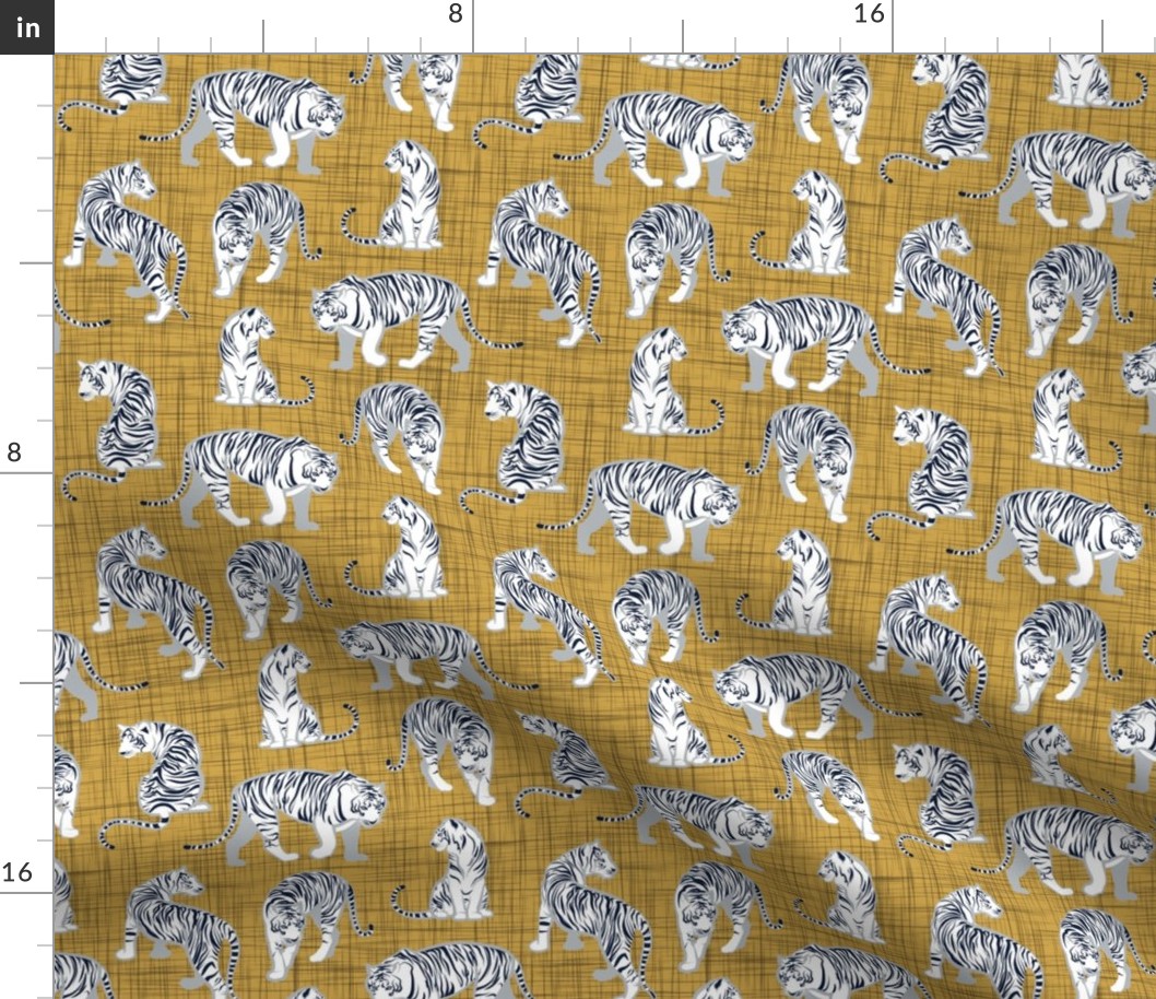 Small scale // Big tiger cats // yellow mustard linen texture background grey lines white animals