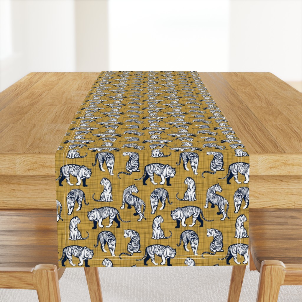 Small scale // Big tiger cats // yellow mustard linen texture background navy blue lines white animals