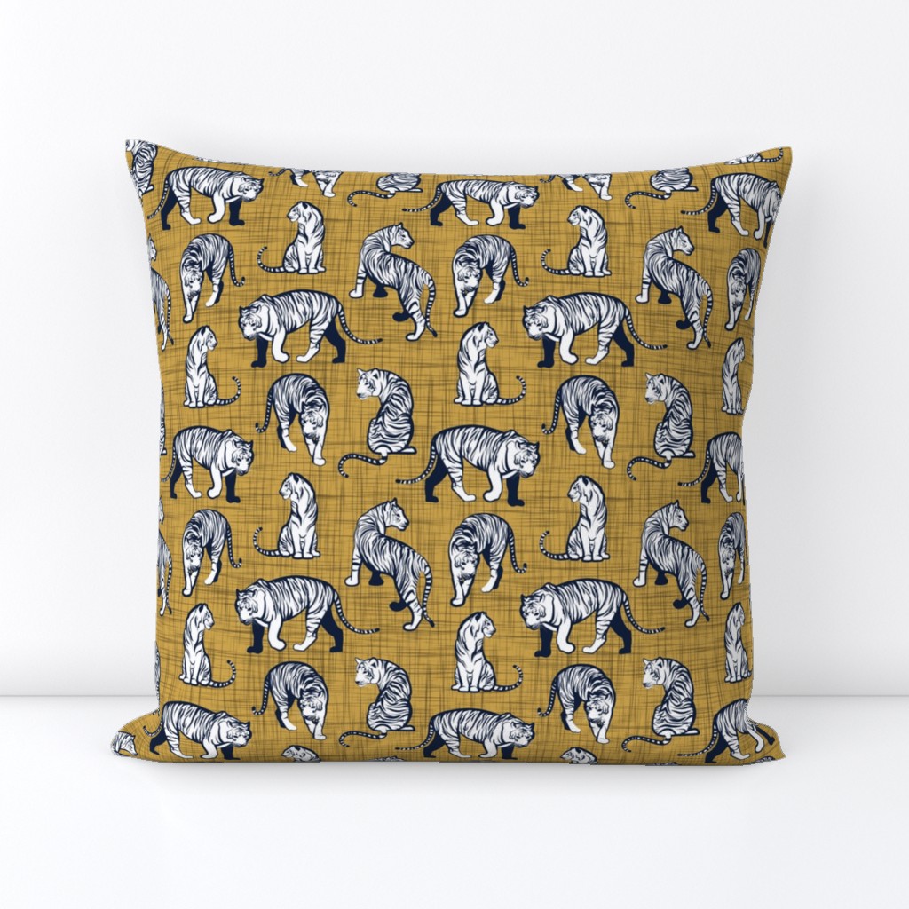 Small scale // Big tiger cats // yellow mustard linen texture background navy blue lines white animals