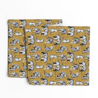 Small scale // Big tiger cats // yellow mustard linen texture background navy blue lines white animals