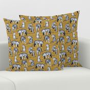 Small scale // Big tiger cats // yellow mustard linen texture background navy blue lines white animals