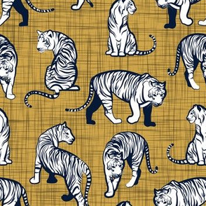 Small scale // Big tiger cats // yellow mustard linen texture background navy blue lines white animals
