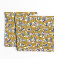 Small scale // Big tiger cats // yellow mustard linen texture background white lines grey animals