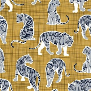 Small scale // Big tiger cats // yellow mustard linen texture background white lines grey animals