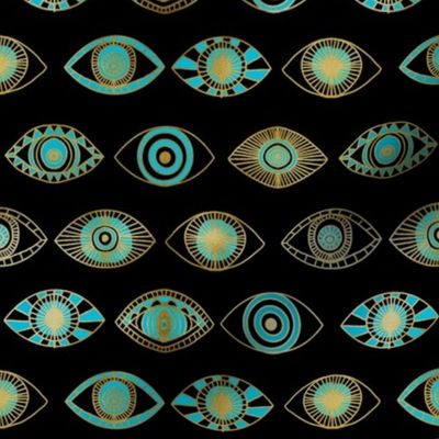 eyes fabric - eye fabric, evil eye, boho hippie fabric - turquoise eyes fabric - black gold and blue