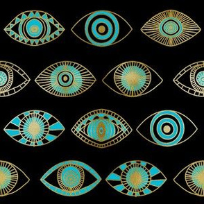 eyes fabric - eye fabric, evil eye, boho hippie fabric - turquoise eyes fabric - black gold and blue