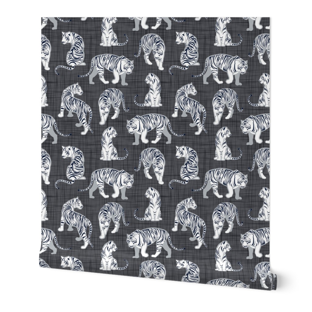 Small scale // Big tiger cats // charcoal linen texture background grey lines white animals