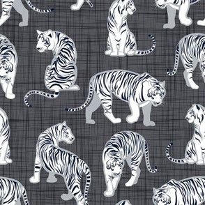 Small scale // Big tiger cats // charcoal linen texture background grey lines white animals