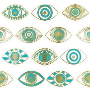 eyes fabric - eye fabric, evil eye, boho hippie fabric - turquoise eyes fabric - gold and white