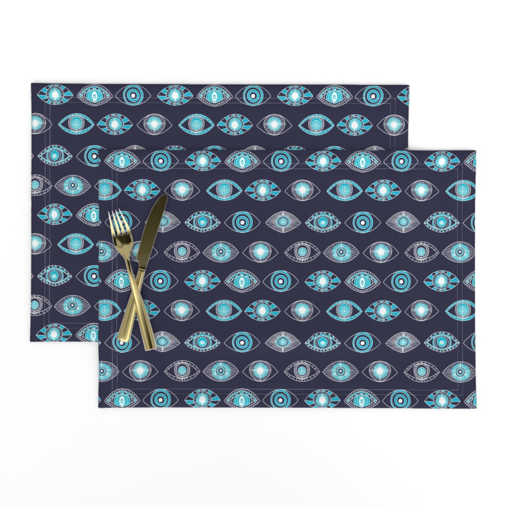 eyes fabric - eye fabric, evil eye, boho hippie fabric - turquoise eyes fabric - navy 