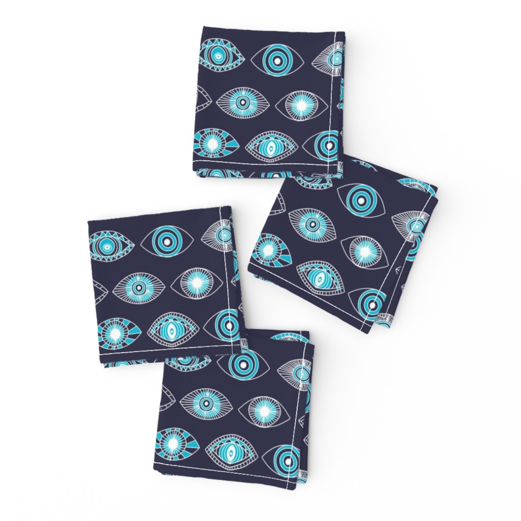 eyes fabric - eye fabric, evil eye, boho hippie fabric - turquoise eyes fabric - navy 