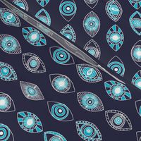 eyes fabric - eye fabric, evil eye, boho hippie fabric - turquoise eyes fabric - navy 