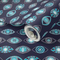 eyes fabric - eye fabric, evil eye, boho hippie fabric - turquoise eyes fabric - navy 