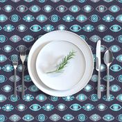 eyes fabric - eye fabric, evil eye, boho hippie fabric - turquoise eyes fabric - navy 