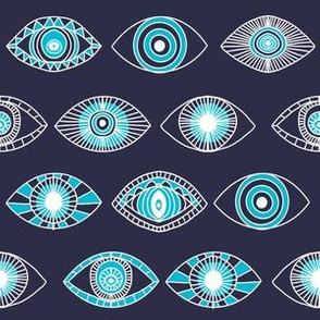 eyes fabric - eye fabric, evil eye, boho hippie fabric - turquoise eyes fabric - navy 