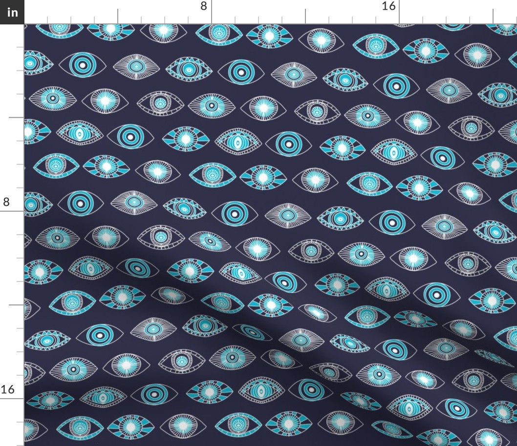 eyes fabric - eye fabric, evil eye, boho hippie fabric - turquoise eyes fabric - navy 