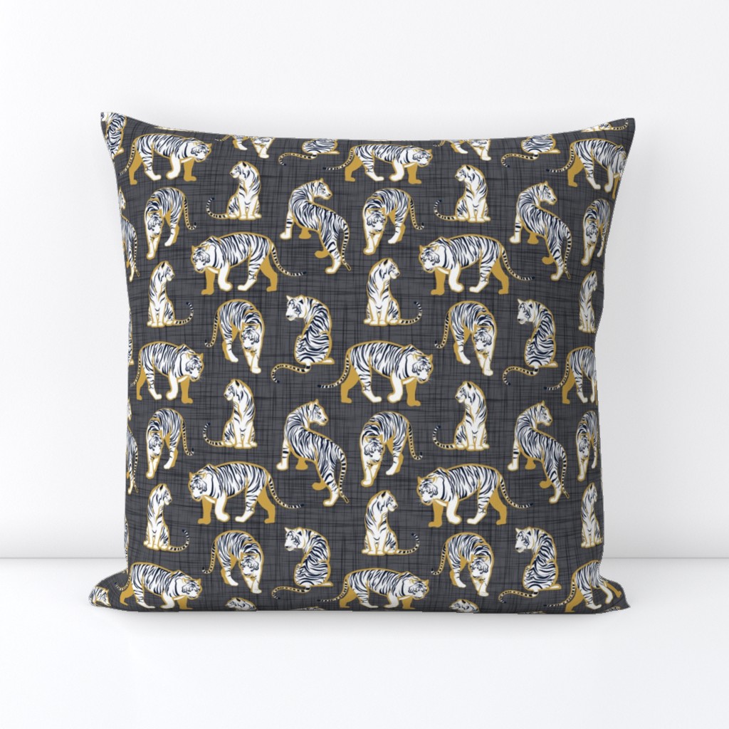 Small scale // Big tiger cats // charcoal linen texture background yellow mustard lines white animals