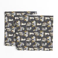 Small scale // Big tiger cats // charcoal linen texture background yellow mustard lines white animals