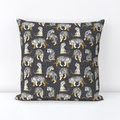 Small scale // Big tiger cats // charcoal linen texture background yellow mustard lines white animals