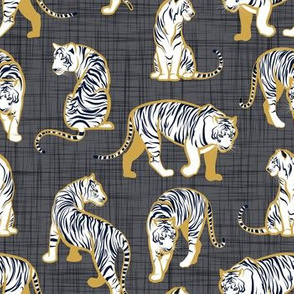 Small scale // Big tiger cats // charcoal linen texture background yellow mustard lines white animals