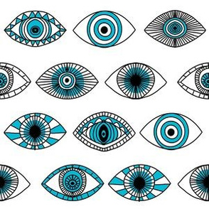 eyes fabric - eye fabric, evil eye, boho hippie fabric - turquoise eyes fabric - white