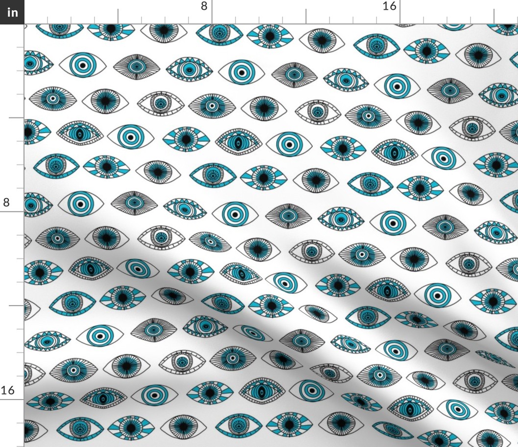 eyes fabric - eye fabric, evil eye, boho hippie fabric - turquoise eyes fabric - white