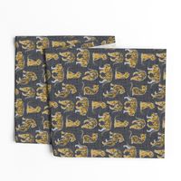Small scale // Big tiger cats // charcoal linen texture background grey lines yellow mustard animals