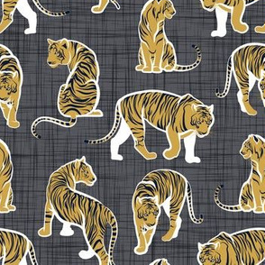 Small scale // Big tiger cats // charcoal linen texture background white lines yellow mustard animals