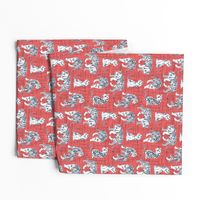 Small scale // Big tiger cats // coral linen texture background grey lines white animals