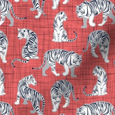 Small scale // Big tiger cats // coral linen texture background grey lines white animals