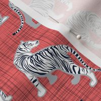 Small scale // Big tiger cats // coral linen texture background grey lines white animals