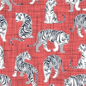 Small scale // Big tiger cats // coral linen texture background grey lines white animals
