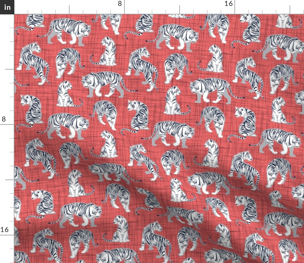 Small scale // Big tiger cats // coral linen texture background grey lines white animals