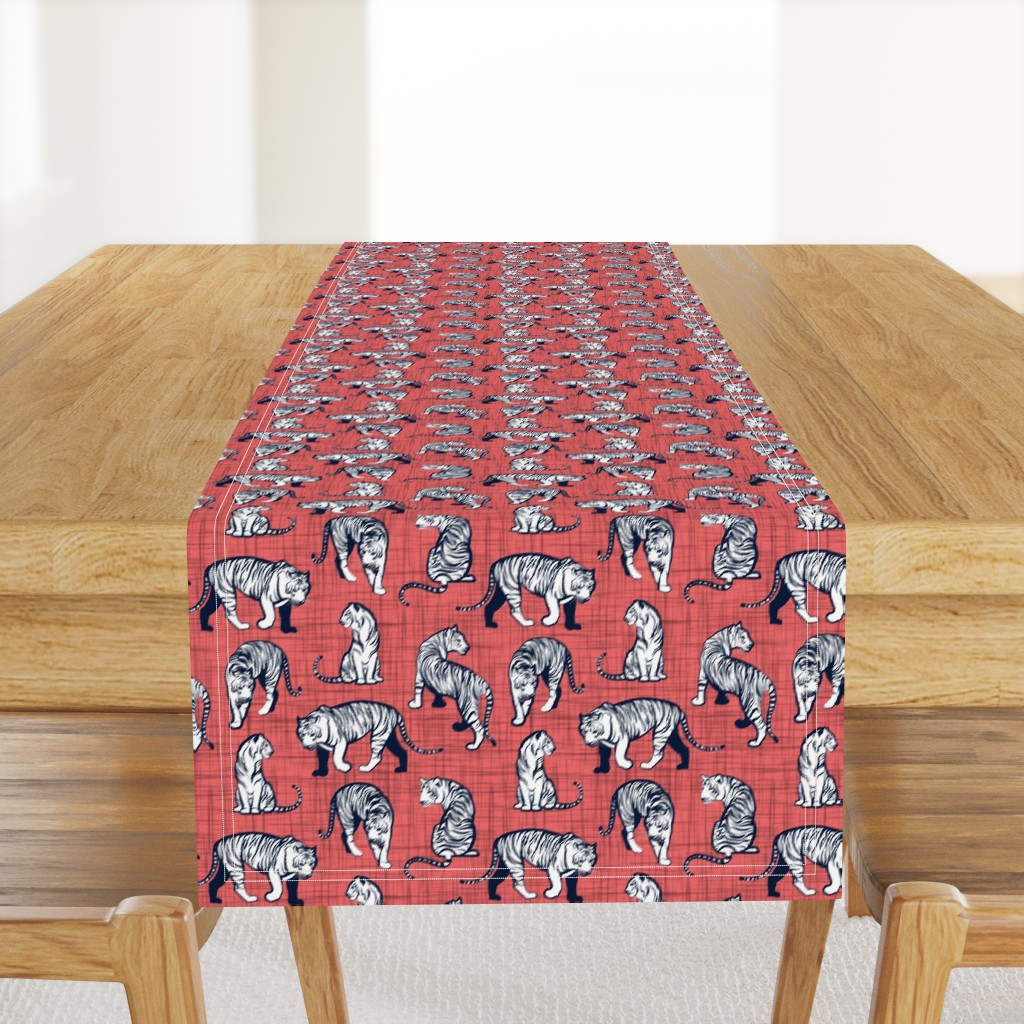 Small scale // Big tiger cats // coral linen texture background navy blue lines white animals