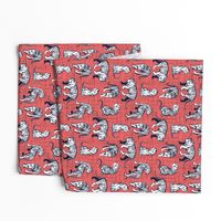 Small scale // Big tiger cats // coral linen texture background navy blue lines white animals