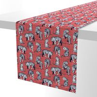 Small scale // Big tiger cats // coral linen texture background navy blue lines white animals