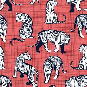 Small scale // Big tiger cats // coral linen texture background navy blue lines white animals
