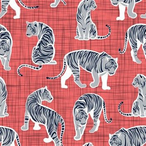 Small scale // Big tiger cats // coral linen texture background white lines grey animals