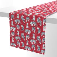 Small scale // Big tiger cats // red linen texture background grey lines white animals