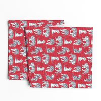 Small scale // Big tiger cats // red linen texture background grey lines white animals